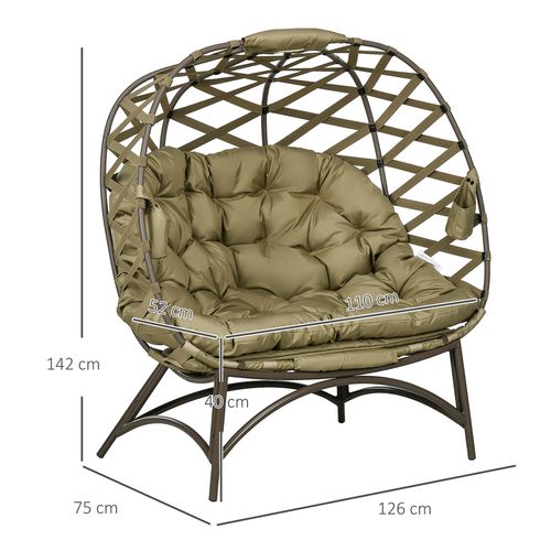 Outsunny 2 Seater Egg Chair Outdoor with Cushion, Cup Pockets - Khaki