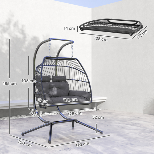 Outsunny Rattan Double Hanging Egg Chair with Stand, Cushion, Dark Grey