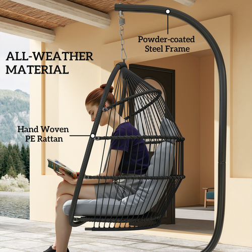 Outsunny Rattan Hanging Egg Chair with Stand, Cushion, Dark Grey