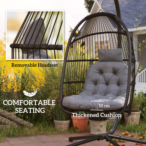 Outsunny Rattan Hanging Egg Chair with Stand, Cushion, Dark Grey