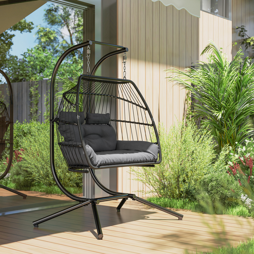 Outsunny Rattan Double Hanging Egg Chair with Stand, Cushion, Dark Grey