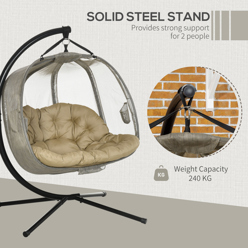 Double Hanging Egg Chair 2 Seaters Swing Hammock w/ Cushion, Brown
