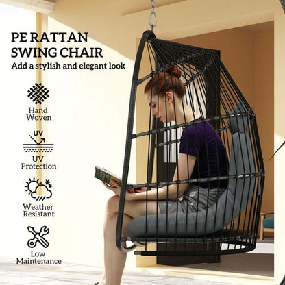 Outsunny Rattan Egg Chair with Installation Kit, Indoor Outdoor Swing Chair