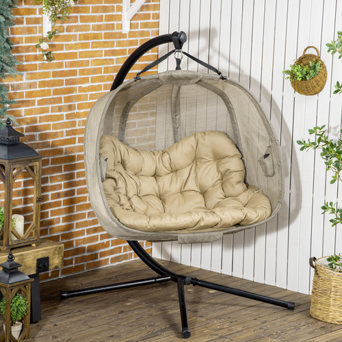 Double Hanging Egg Chair 2 Seaters Swing Hammock w/ Cushion, Brown