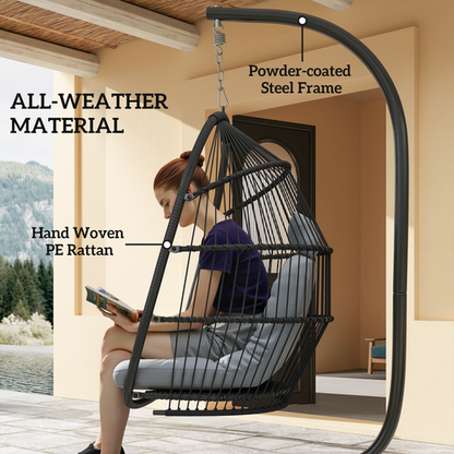 Outsunny Rattan Hanging Egg Chair with Stand, Cushion, Dark Grey