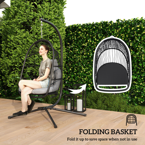 Outsunny Rattan Hanging Egg Chair with Stand, Cushion, Dark Grey