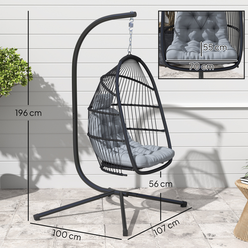Outsunny Rattan Hanging Egg Chair with Stand, Cushion, Dark Grey